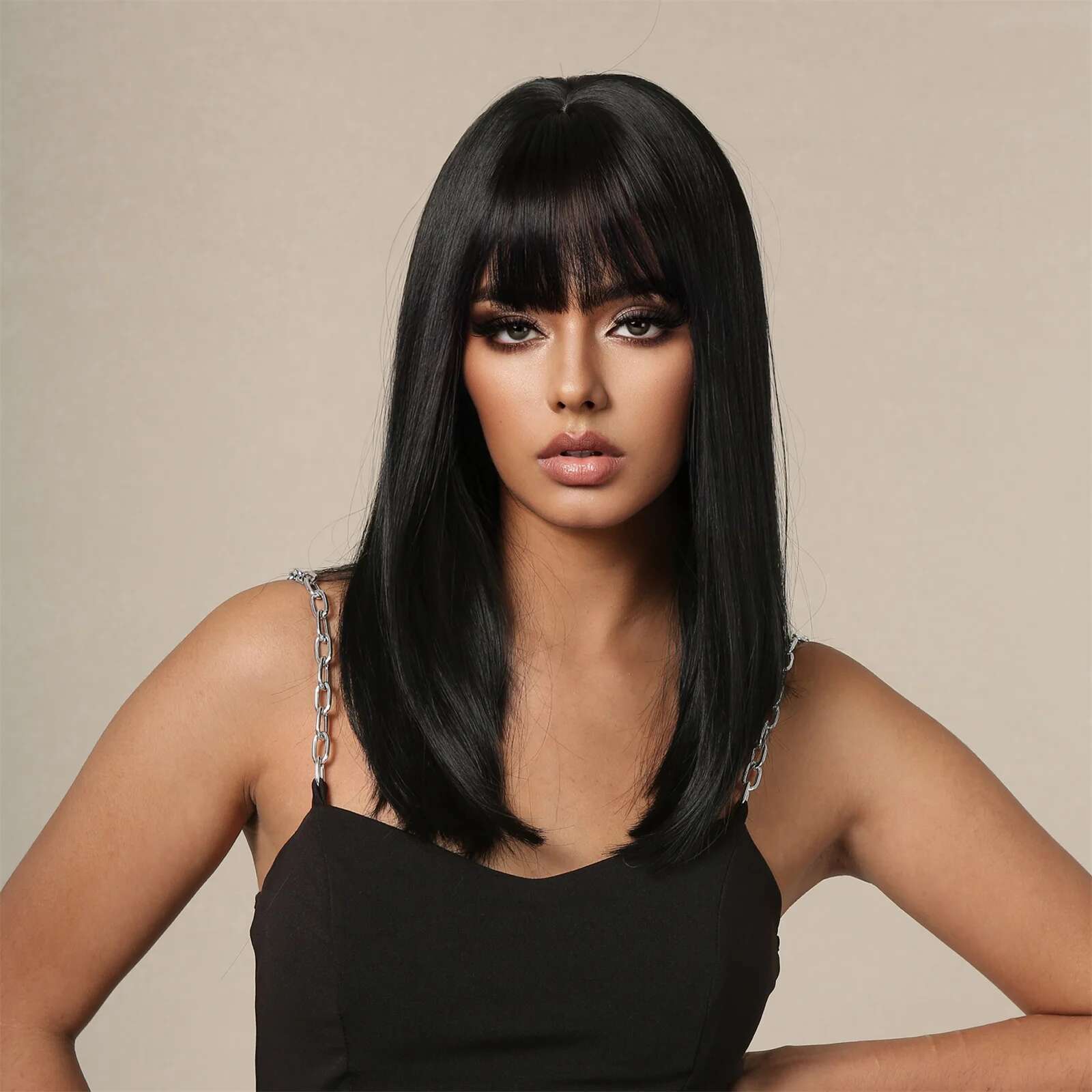 Straight Black Bob Synthetic With Bangs Medium Long Cosplay Layered Wigs For Woman Natural Hair Daily Wig Heat Resistant