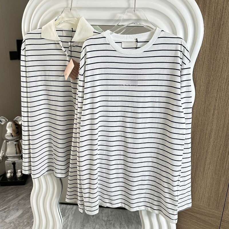 Autumn New Black And White Striped Contrasting Long Sleeved T-Shirt Thin Polo Collar Unisex Top Round Neck