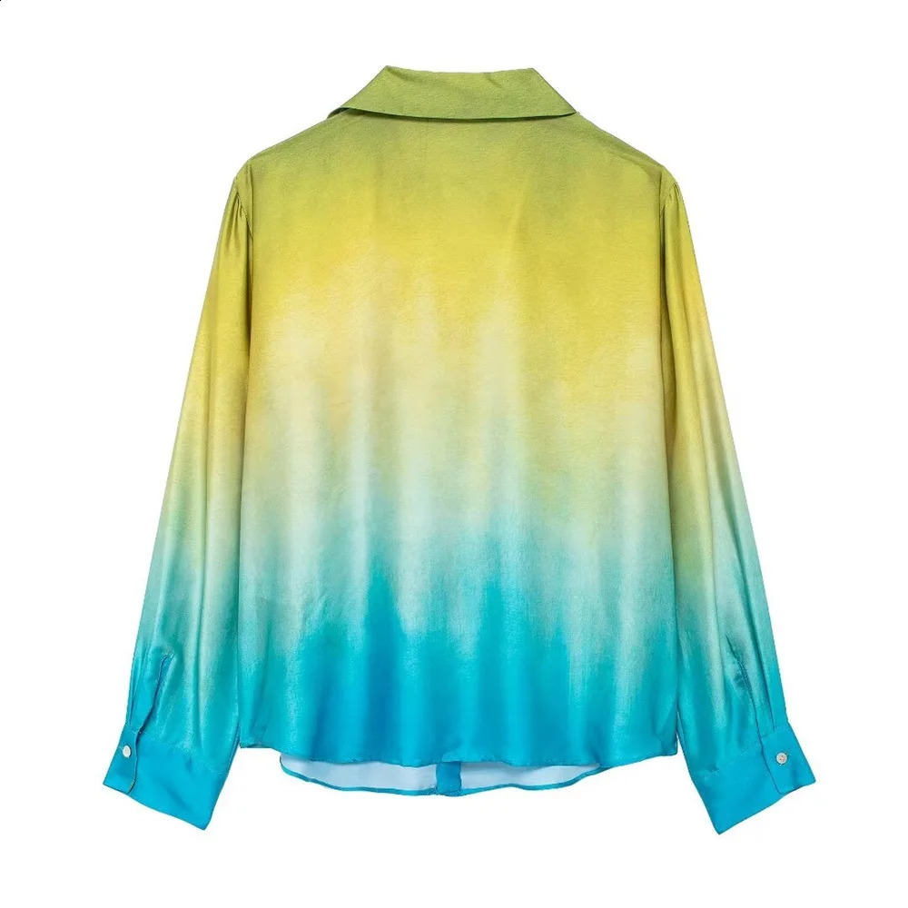 TRAF Autumn womens fashionable casual loose collar long sleeved tie dye printed shirt high waist wide leg pants set 250228