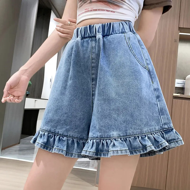 Ruffles Plus Size Denim Shorts For Women Summer 2024 Elastic Wasit Blue Color Jeans Korean Style Fashion Womens 250228Z