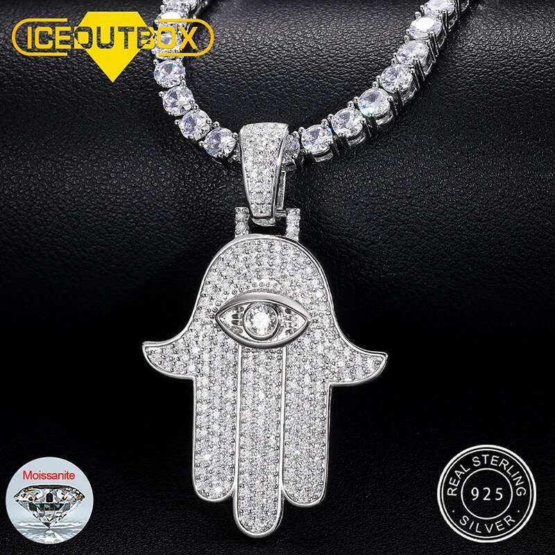 D VVS Moissanite Hamsa Hand Evil Eye Pendant Necklace For Women Men Iced Out Cuban Chain Sterg Sier Hip Hop Jewelry
