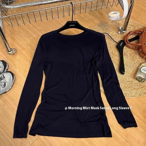 Early Autumn New Style Tiansi Navy Blue Facial Mask Feeg Long Sleeved Base Coat For Women Slim Top Lazy