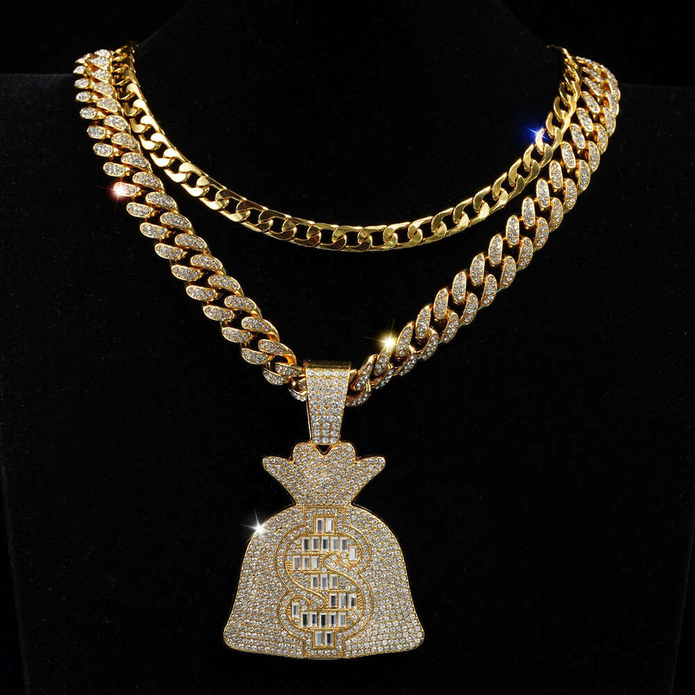 Creative Hip Hop Beauty Money Bag Necklace Pendant for Men and Women, Double layered Stacked Full Dia Cuban Chain