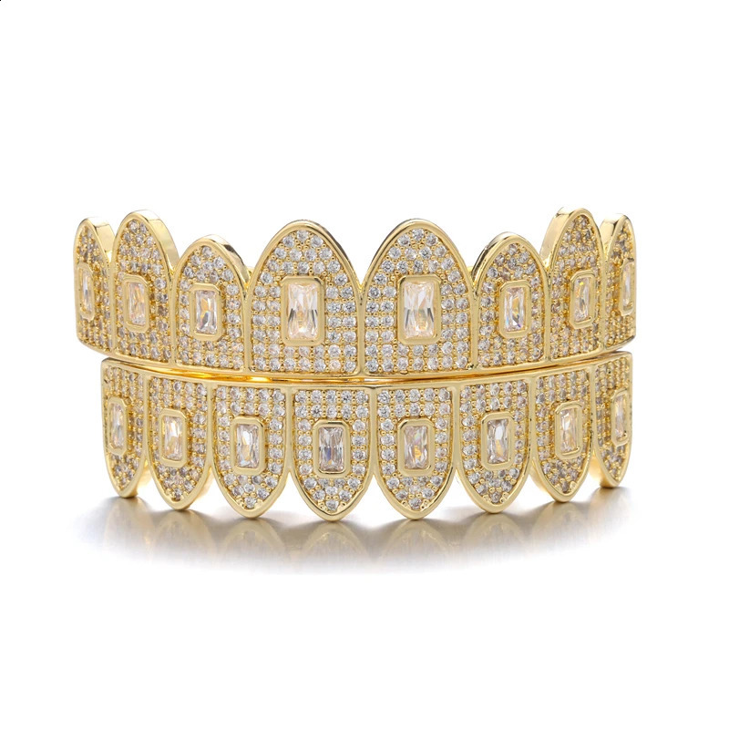 Full Baguette CZ Stones Teeth Caps Cubic Zircon Iced Out Micro Pave Top Bottom Charm Grills For Men Women Jewelry 250219