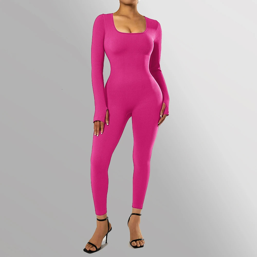 Long Sleeve Jumpsuit Women Bodycon One-piece Outfit Jumpsuit Square Neck Casual Streetwear Rompers Overalls playsuits Bodysuit 250225