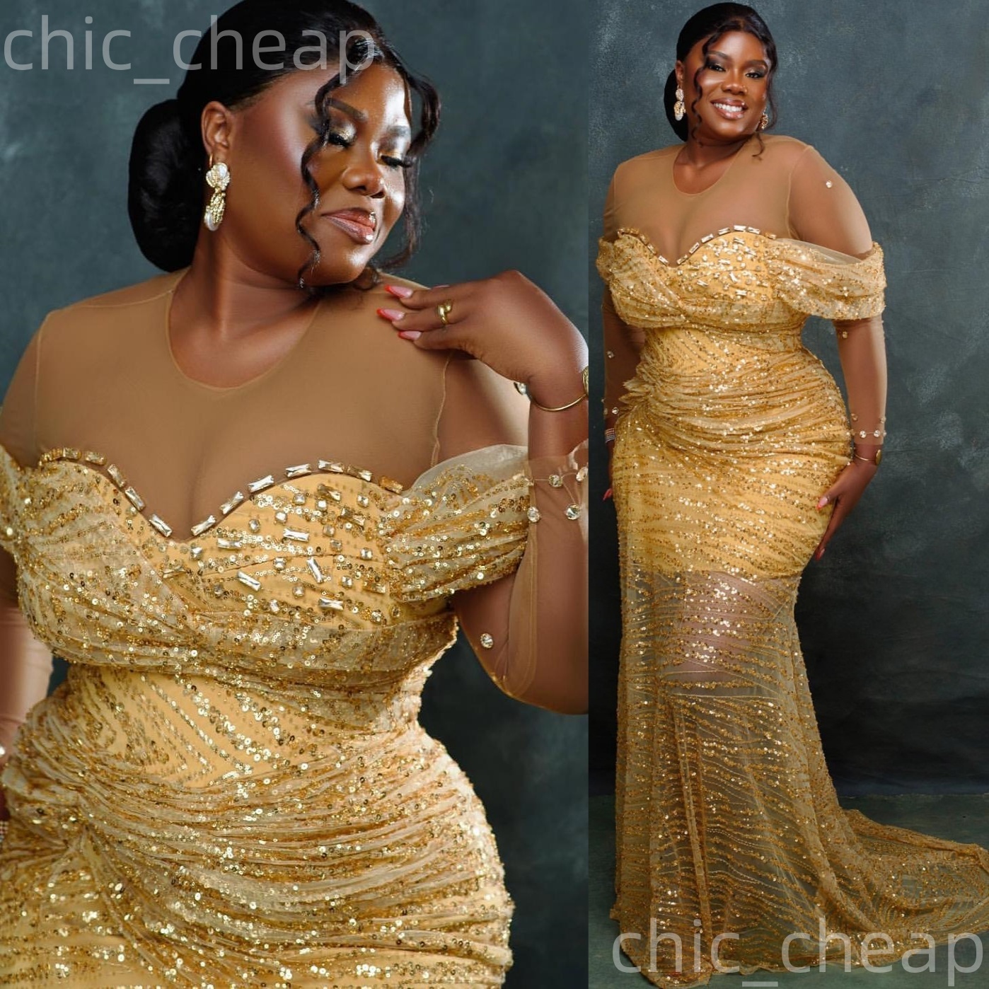 Gold Mermaid Prom Dresses 2025 Crystals Sheer Neck Sequined Evening Formal Party Second Birthday Engagement Gowns Plus Size Dress For Special Occasion