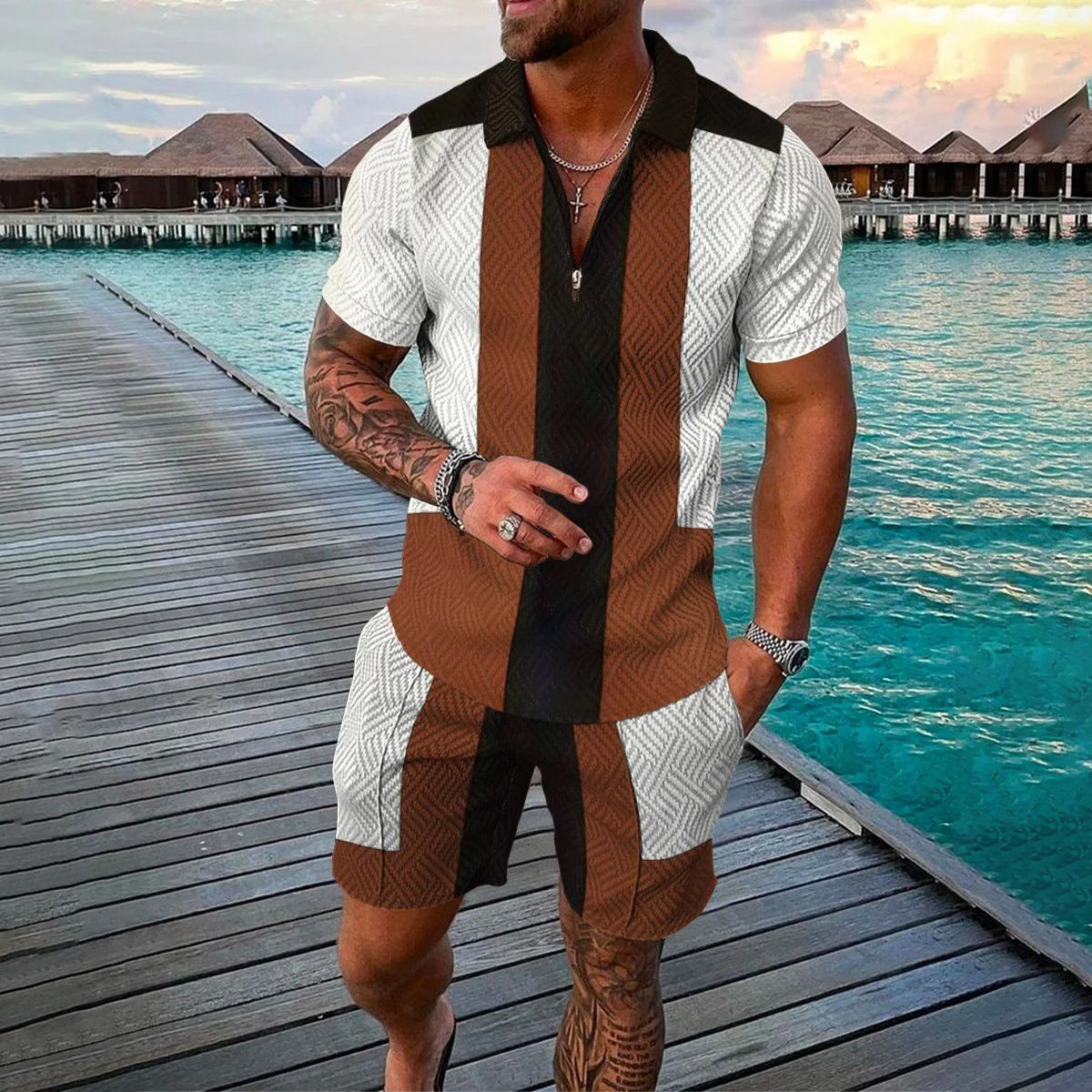 Men Tracksuit Summer 3D Printed Beach Zipper Polo Shirts Shorts 2pcs Sets Boho Geometric Style Holiday Clothing High-quality 250224