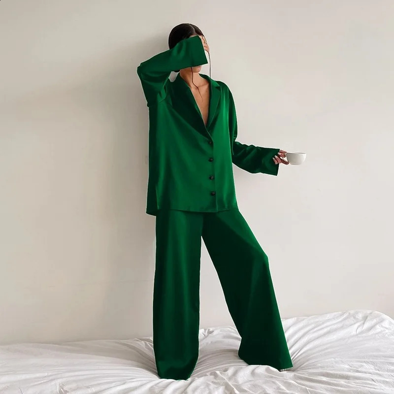 Womens Pajamas Silk Pajamas Low Cut Sexy Single-Breasted Long Sleeves Wide Leg Pants Pyjamas Sets Sleepwear Loungewear Women 250226