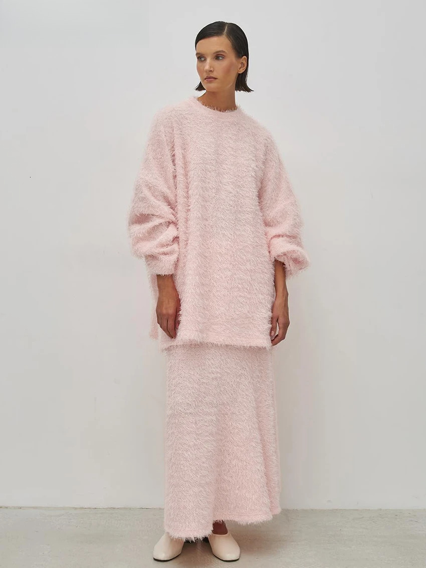 Casual Loose Pink 2 Piece Sets Women Outfit 2024 Elegant Long Sleeve Shirt With High Waist Ankle Length Skirt Set Female