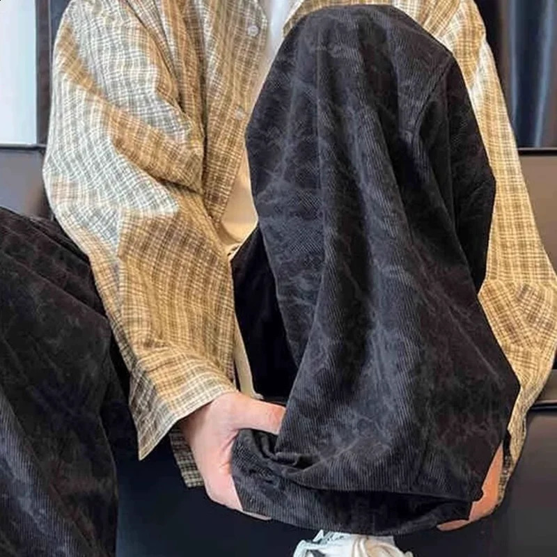 TieDye Corduroy Mens Winter Pants 2024 American Vintage Loose Straight Wide Legs Drawstring Sweatpants Y2k Cargo Man 250228Z