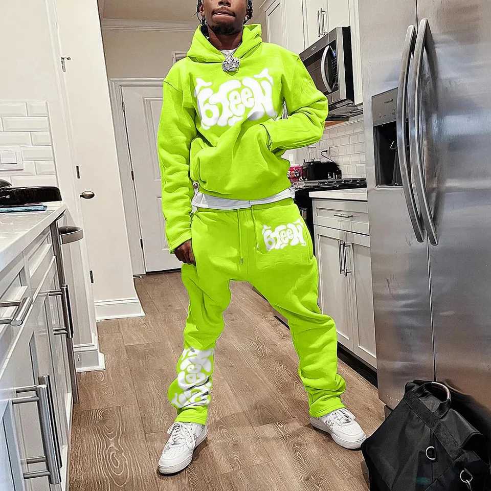 Mens autumn and winter hoodie set two-piece 3D printed sportswear casual bell pants sportswear set Y2K streetwear mens clothing X250228