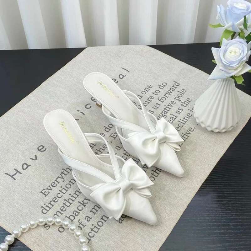 Fairy Style Pink Cool for Summer French Pointed Bow Hollow High Heels, Half Wrapped Women's Slippers