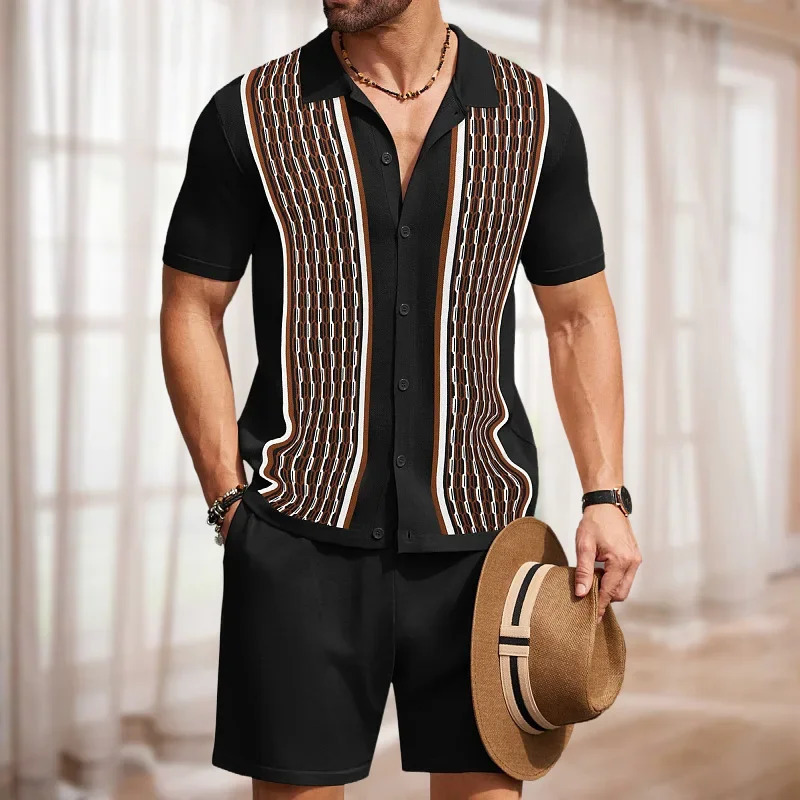 Summer mens knitted shirt set single chest casual slim fit polo shirt short sleeved set short sleeved daily knitted set 2-piece set 250224