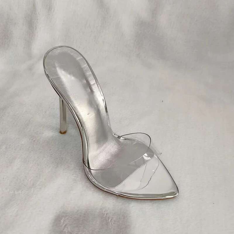 12cm metal Summer heel pointed toe women slides clear PVC sexy sandals