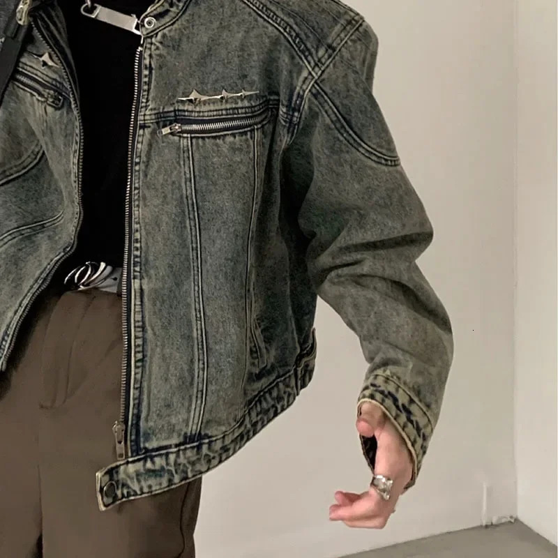American Vintage Washed Short Denim Jacket Men Autumn Distress Coat Male Tops Fashion High Street Zipper Outwear 250225