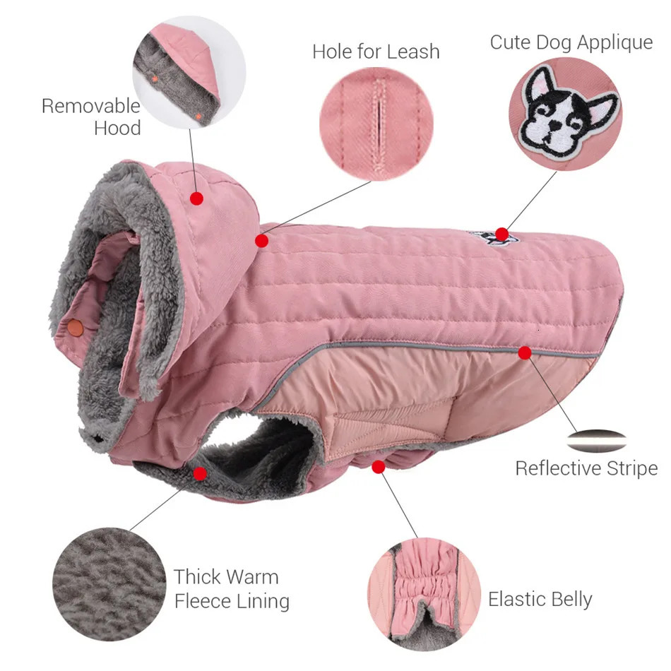 Winter Dog Clothes Thick Fleece Warm Dog Clothing Winter Dog Jacket Reflective Adjustable Belly Quilted Dog Coat Removable Hood 250226