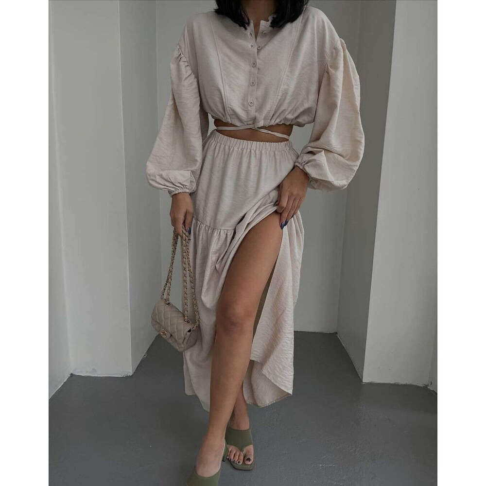 2024 European and American new lace up long sleeved top pleated split skirt set
