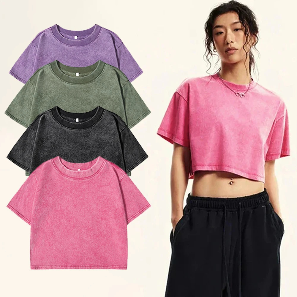 Solid Color Slim Washed T-Shirt Women Fashion Soft Cotton Tee ShirtS Casual Sport Short Sleeve Cool Retro Clothing Female 250228