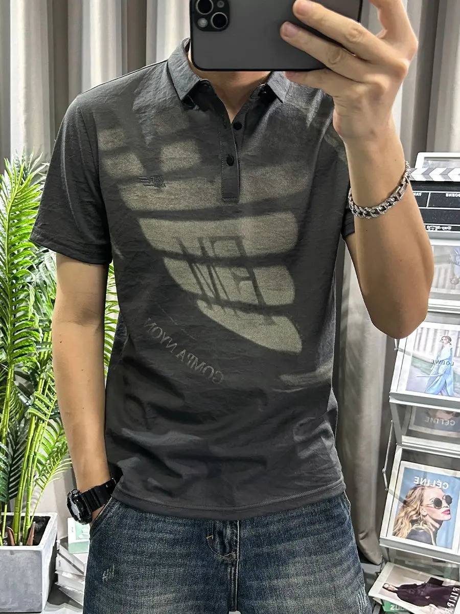 Trendy printed lapel cotton linen short-sleeved polo shirt mens T-shirt youth thin half-sleeved linen mens half-sleeved 250227