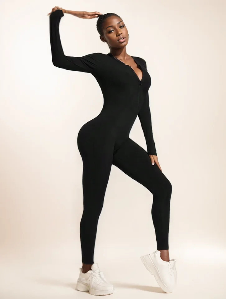 Fall sexy bodysuit for women solid color ribbed long sleeve zipper bodycon sporty clothing rompers womens jumpsuit 250225