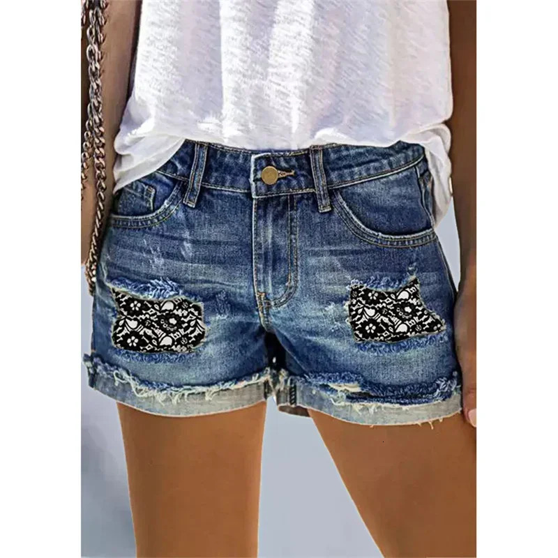 Fashion Broken Holes Splicing Cloth Denim Shorts Women Folded Legs Three Quarter Pants Female Casual Trend Streetwear Mini Jeans 250227