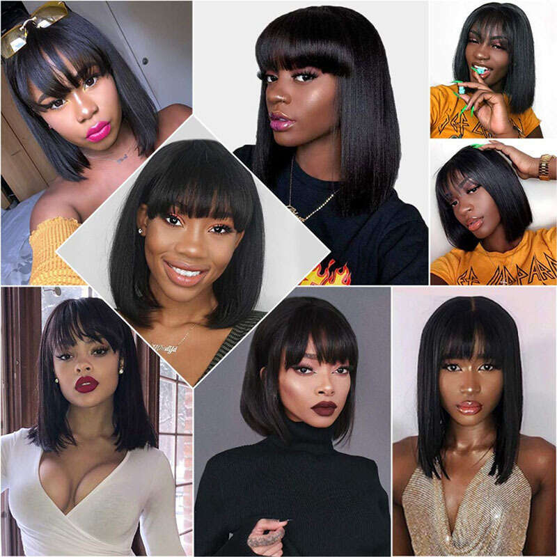 HD Front Lace Wig Natural Color Short Straight Hair Real Wig Women S Headband With Bangs Bob Wigs Human Hair