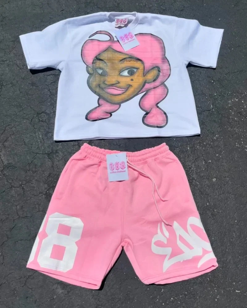 Cartoon pattern T-shirt and shorts two-piece set mens Y2K cotton printed T-shirt casual Harajuku hip-hop short sleeved street clothing 250225