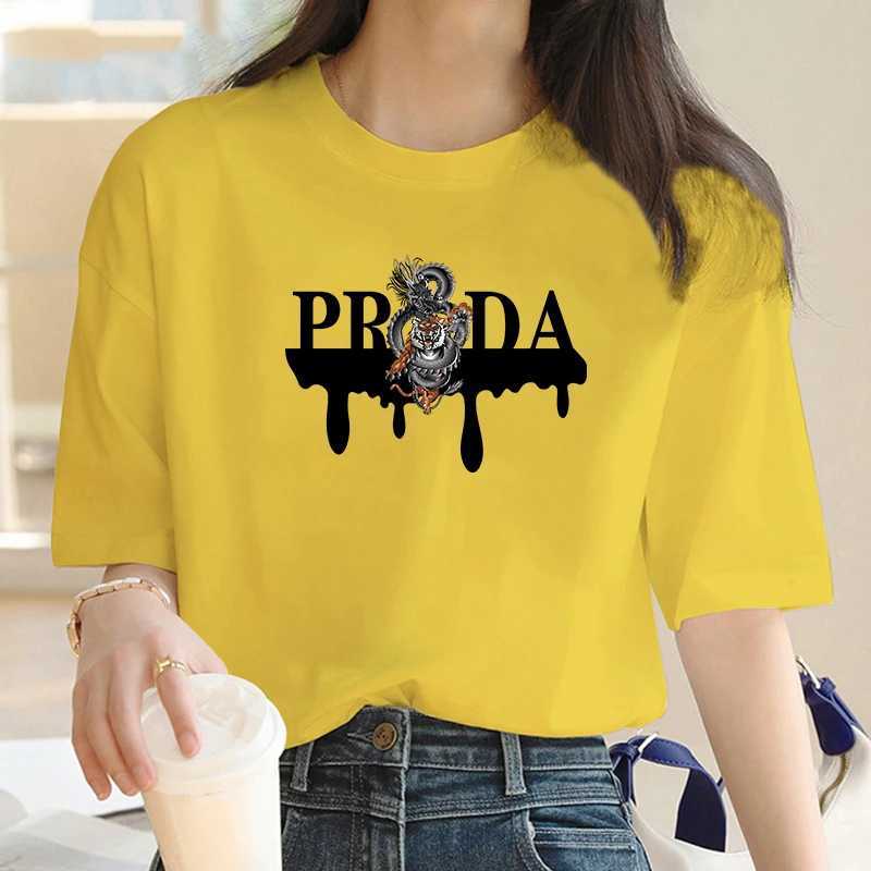 Luxury Brand Fashion Dragon and Tiger Pattern Printed Crew Neck Clothing Short Sleeve T-Shirt Trend Womens Summer Y2K TopT250228