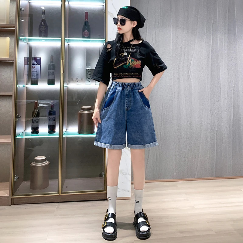 Plus Size Denim Short Jean Shorts For Women Summer 2024 Half Length Crimping Streetwear Blue Female 250228Z