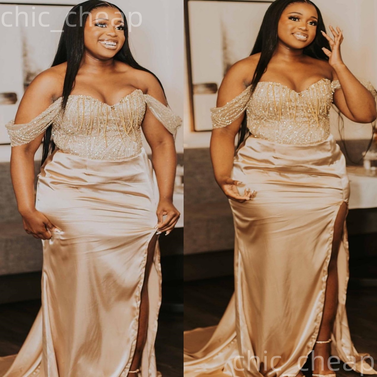 Champagne Mermaid Prom Dresses 2025 Satin Sequined Beading High Split Evening Formal Party Second Birthday Engagement Gowns Plus Size Dress For Specia