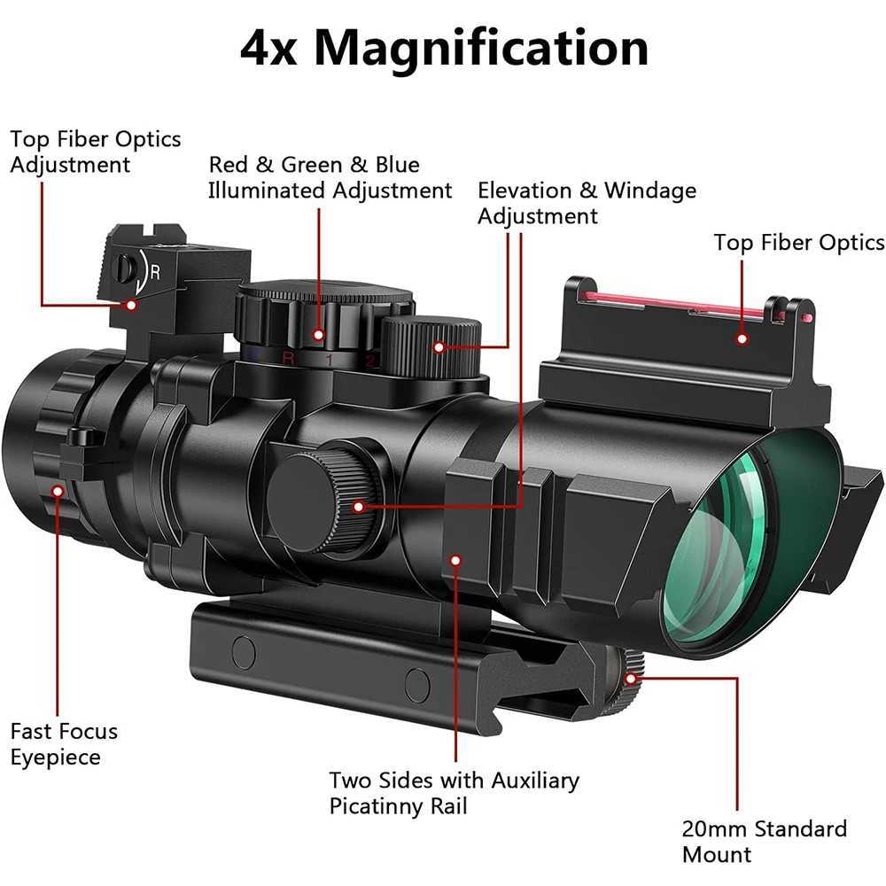 4x32 Tactical Riflescope with Fiber Optic Sight RGB Illuminated Reticle Prism Scope Hunting Gun Scopes with 20 mm Picatinny Rail X250228