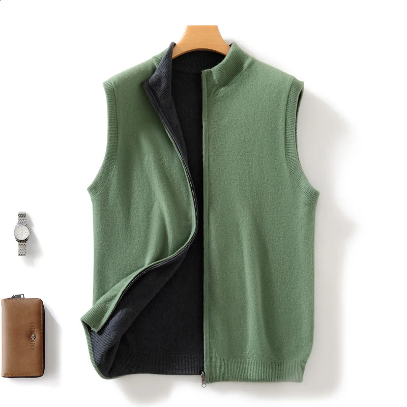 mens 100 wool vest solid color knitted sleeveless cardigan semi high neck sweater casual doublesided jacket 250225