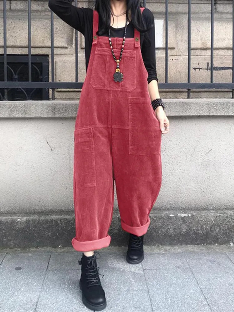ZANZEA Autumn Rompers Solid Wide Leg Playsuits Women Casual Straps Suspender Overalls Vintage Corduroy Jumpsuits Overview 250225