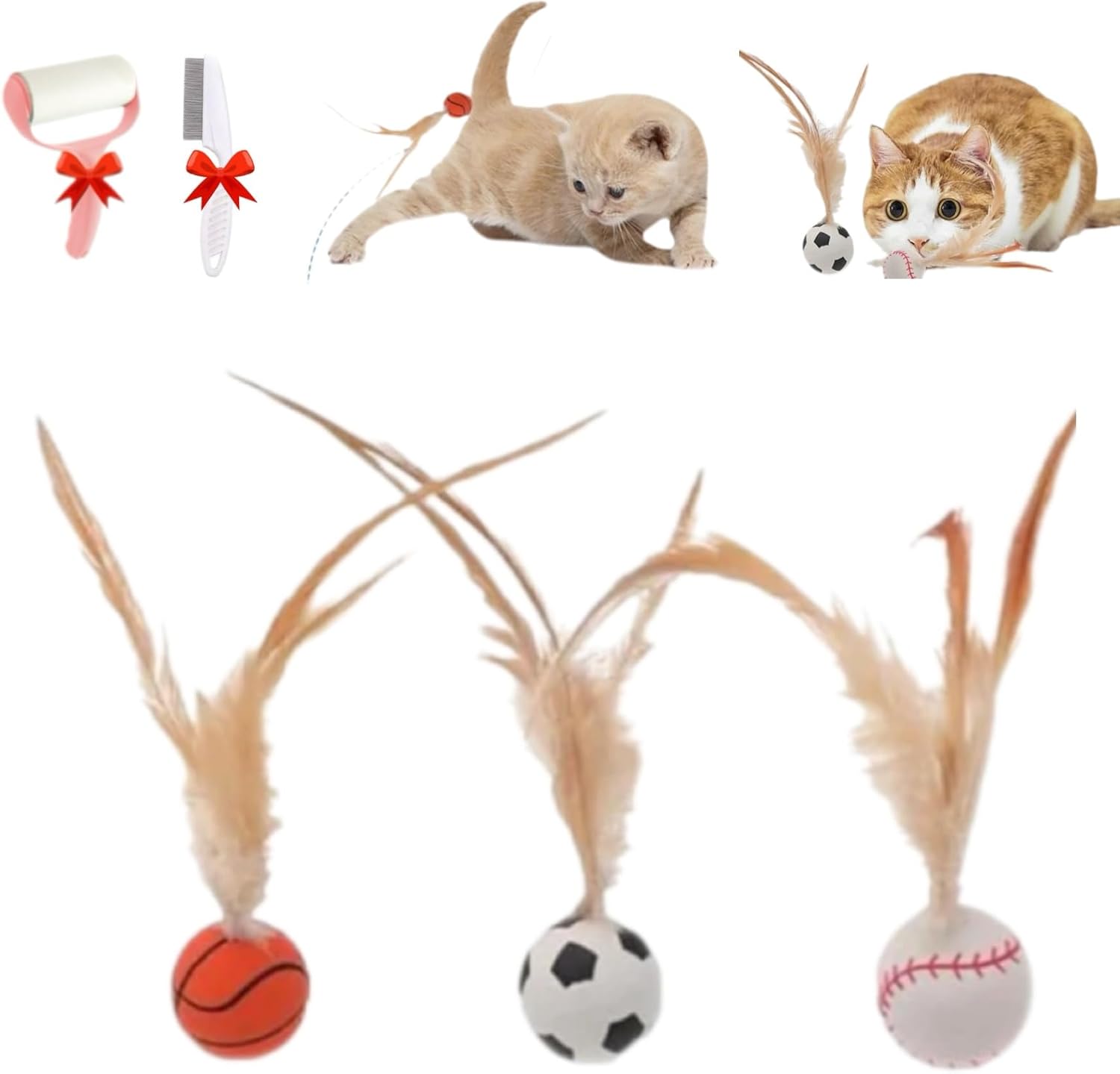 3PCS/Set Interactive Feathered Bounce Ball Set - Enhance Your Feline's Playtime with Soft Plush Tail Attachments & Durable Materials