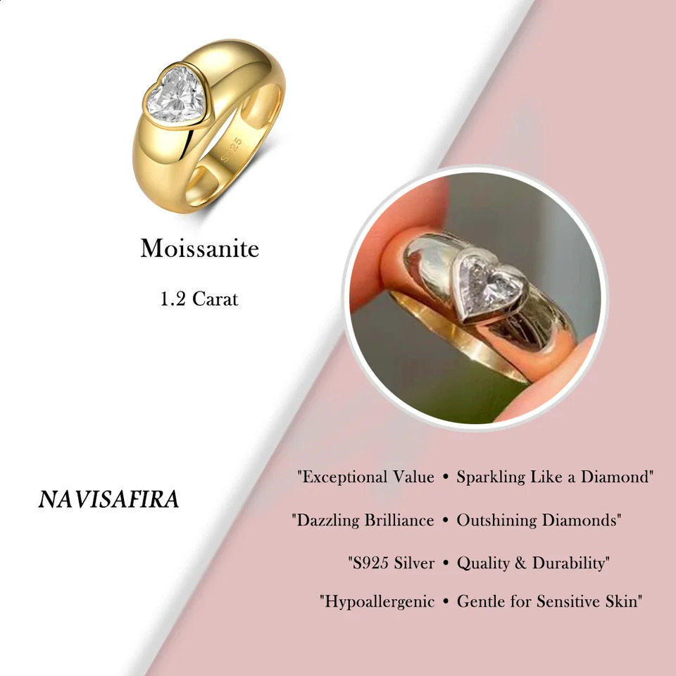 1.2Ct S925 Heart-Shaped Ring Thick Band 18K Gold-Plated for Engagement Wedding 250219