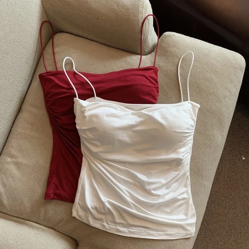 Tank Top With Built In Bra Spaghetti Strap Tanks For Woman Solid Color Casual Summer Camis Female Korean Style Dropship 250224