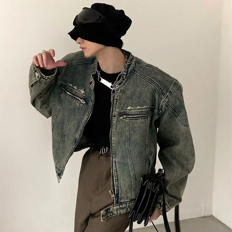 American Vintage Washed Short Denim Jacket Men Autumn Distress Coat Male Tops Fashion High Street Zipper Outwear 250225