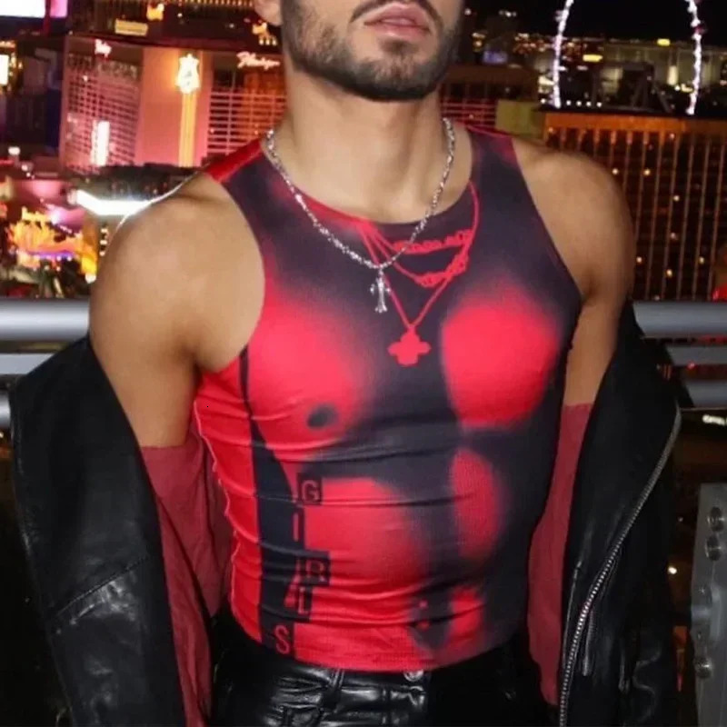 Sexy nightclub vest mens elastic ultra-thin sleeveless shoulder strap crop top mens fashionable street clothing vest Y2K printed basic top vest 250226