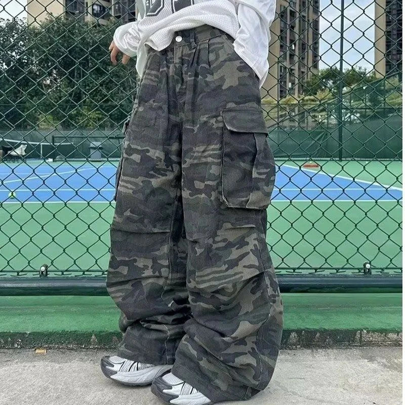 Womens Camouflage Large Pocket Wide Legs Unisex Pants Young Girl Street Straight Bottoms Female High Waisted Trousers 250226