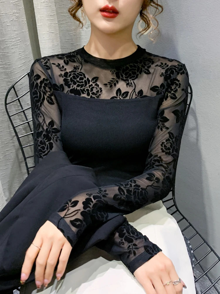 Spring Autumn 2025 Sexy Sheer Tops Long Sleeve Polka Dot Shirt Round Neck Flocking Women T shirt 250228