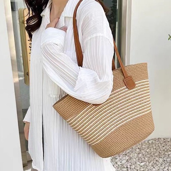 Grass bag for women, summer handbag, beach tote large capacity shoulder rattan woven grass bucket bag, trendy #swissmilitary