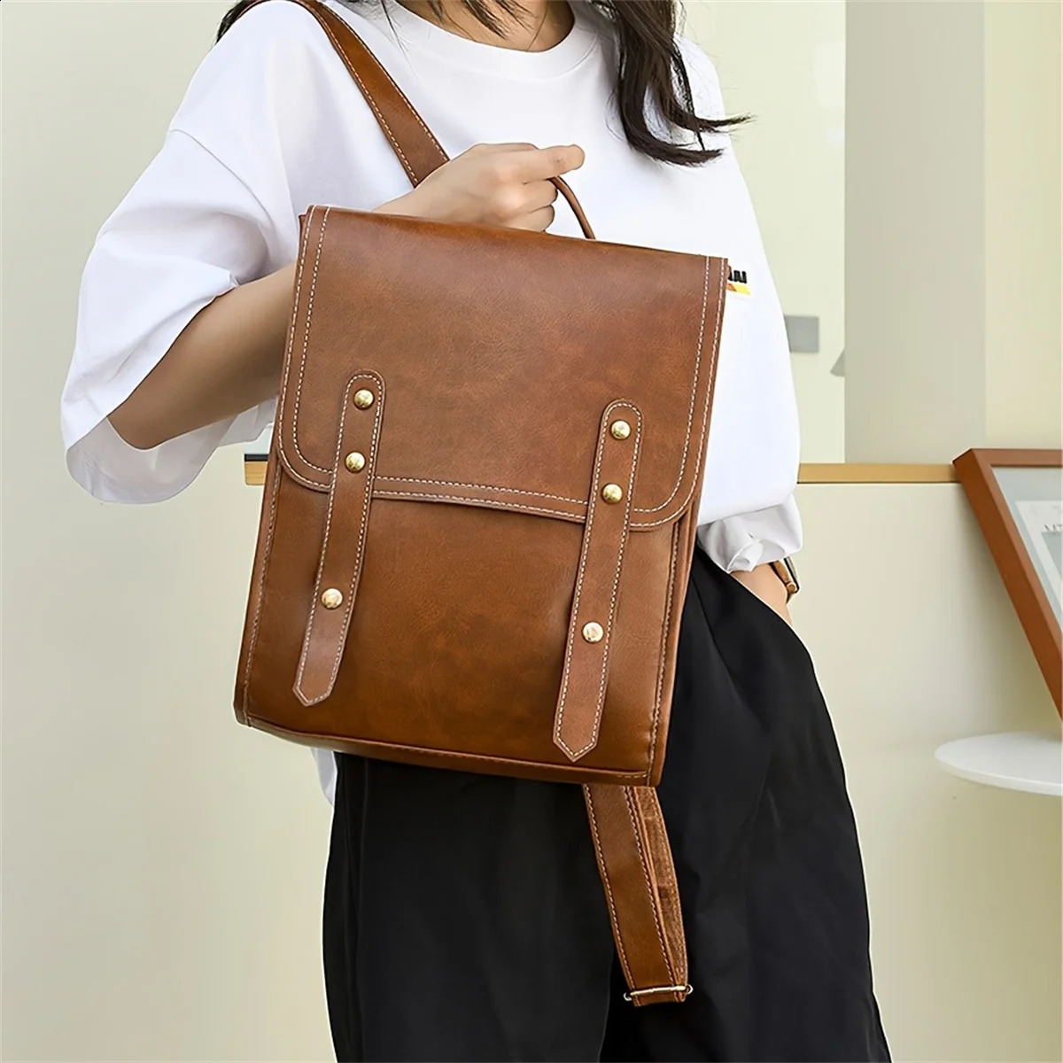 Ship from US Vegan Leather Backpack Vintage Laptop Bookbag For Women Men Brown Faux Purse Weekend Travel Daypack 250304FBB