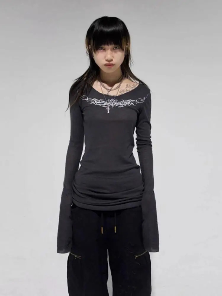 Seeslim Gothic Graphic T Shirts Women Long Sleeve Korean Fashion 2000s Clothes Y2k Slim Spring Autumn Tops Tees Female Clothing 250227