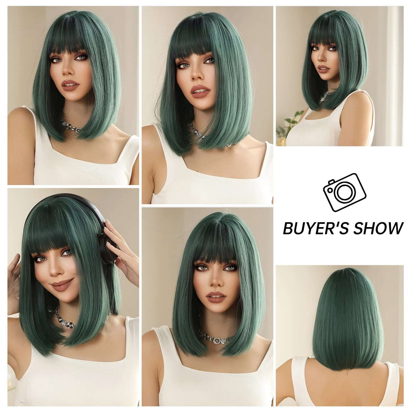HENRY MARGU Dark Bob Synthetic Wigs Short Straight Wig Green Hair With Bangs For Women Party Cosplay Use Heat Resistant