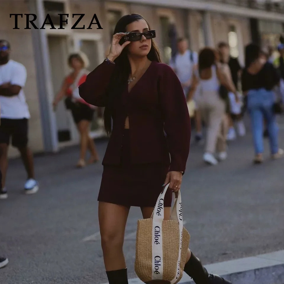 TRAFZA Autumn Winter Streetwear Women Knitted Suits Fashion Elegant V Neck Single Breasted ShirtsChic Mini Skirts 250225