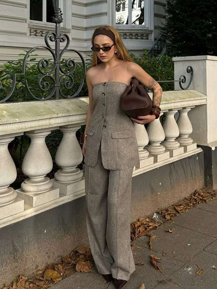 Street Tube Tops Sets Women Fashion Sleeveless Single-Breasted Vest High Waist Wide Leg Trousers Ladies Cummuter Suit