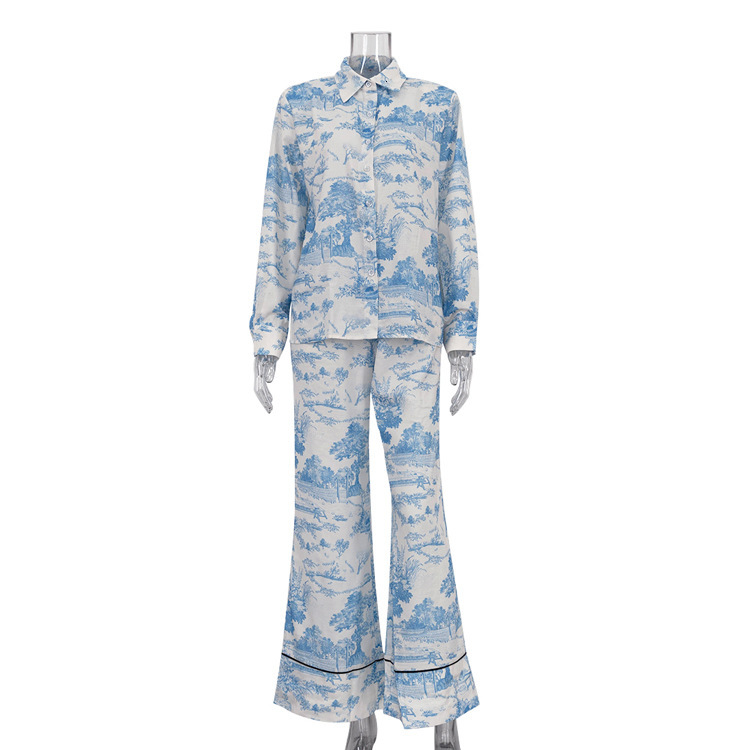 New4 New Chinese Style Ink Printing For Women's Wear, Flip Collar Shirt, High Waist Pants, Fashion Two Piece Set