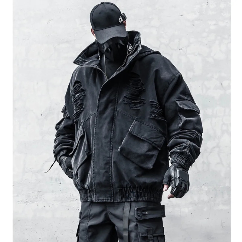 Outdoor hip-hop Techwear style ripped hole punk denim jacket mens winter wash retro black hooded denim jacket windproof 250225