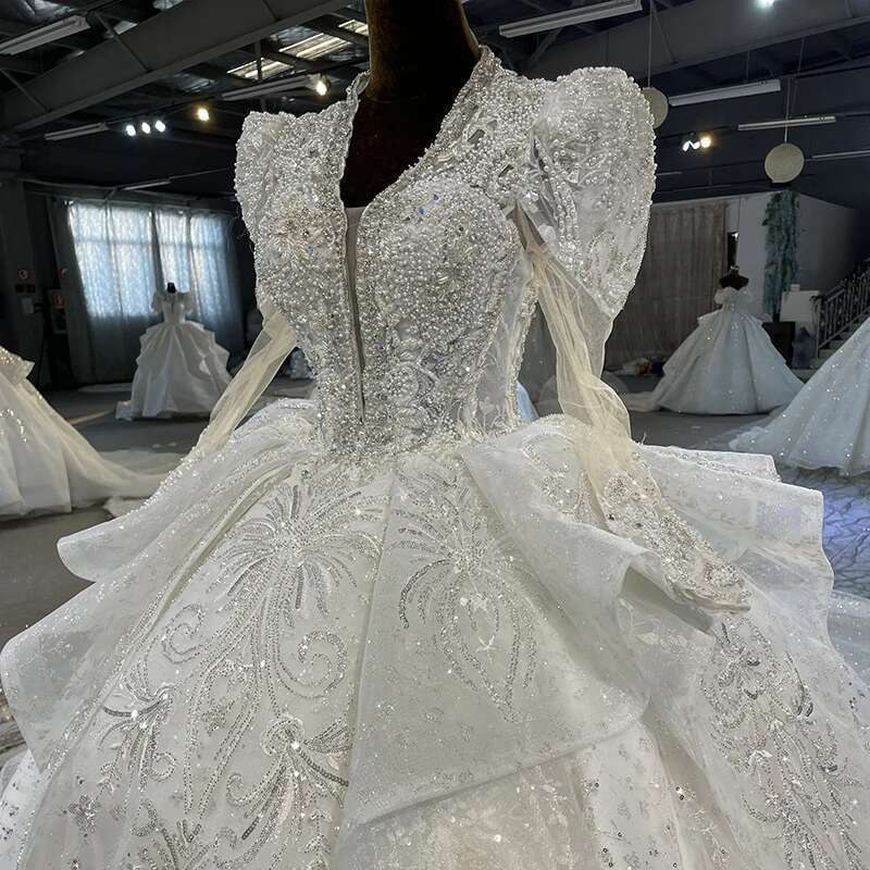 Classic Dresses For Women Custom Organza Ball Gown With V Neckline Pearls Lace Mn105 Wedding Dress