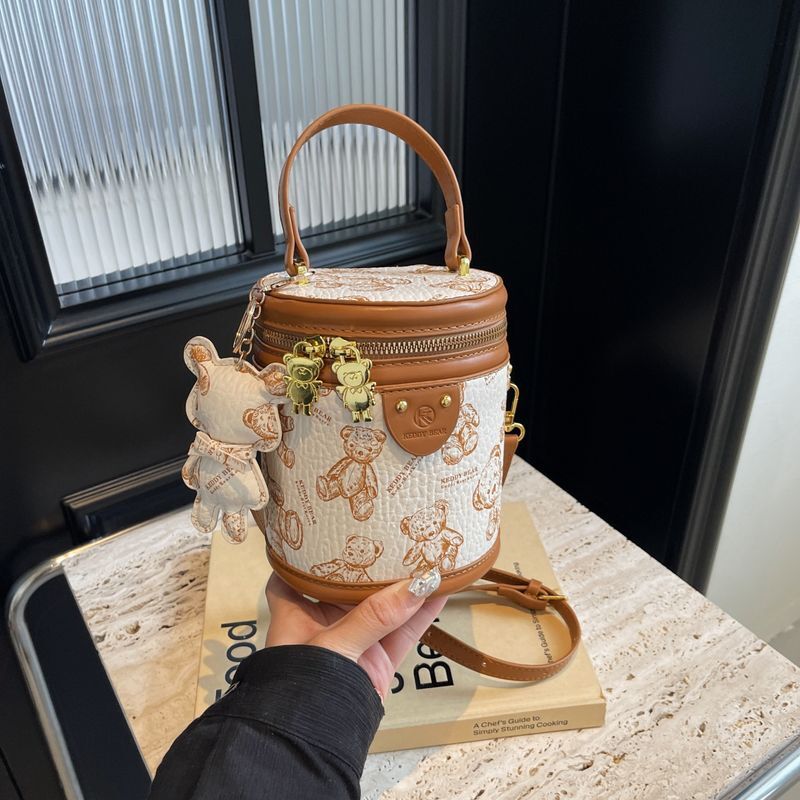 Trendy texture bucket b, new teddy bear contrasting printed cydrical handb, versatile single shoulder crossbody